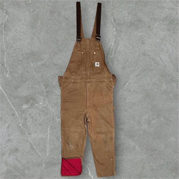 Carhartt Duck Bib Overalls Sz 38x28 Double Knee Red Quilt Canvas Lined Workwear - Picture 2 of 9